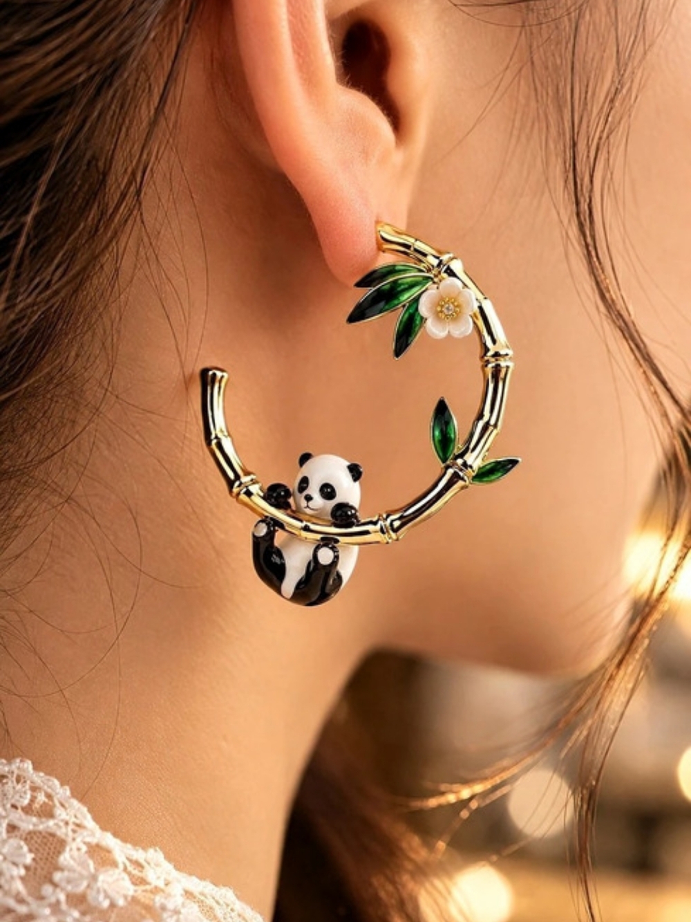 Panda Floral Hoop Earrings in Gold & Green Like New